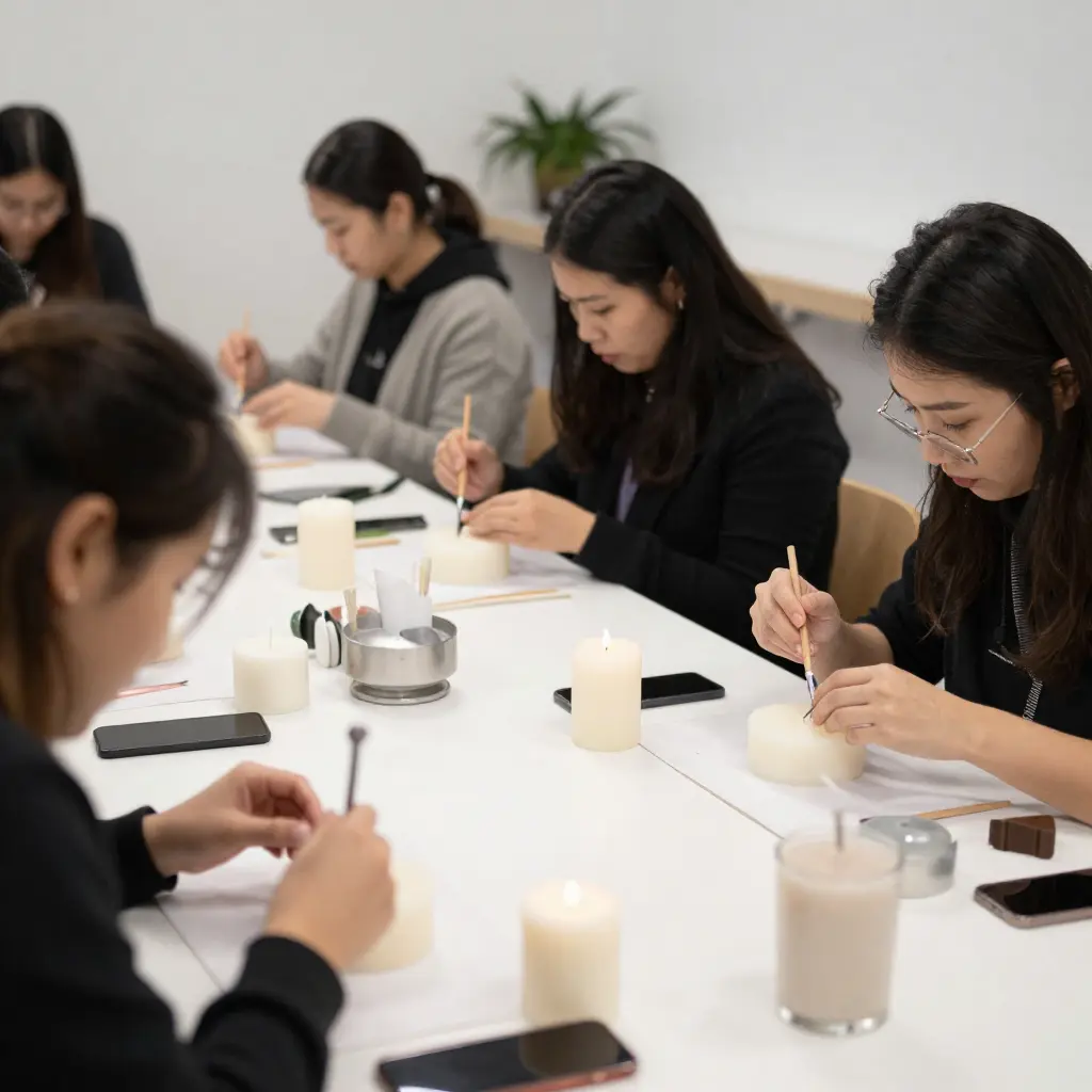 Group candle making class in session